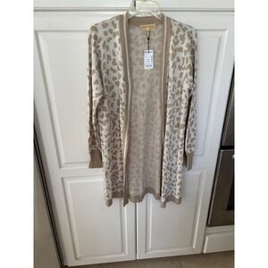 Mesh + Lace Womens Tan Leopard Print Longline Open Front Cardigan Sweater Size M